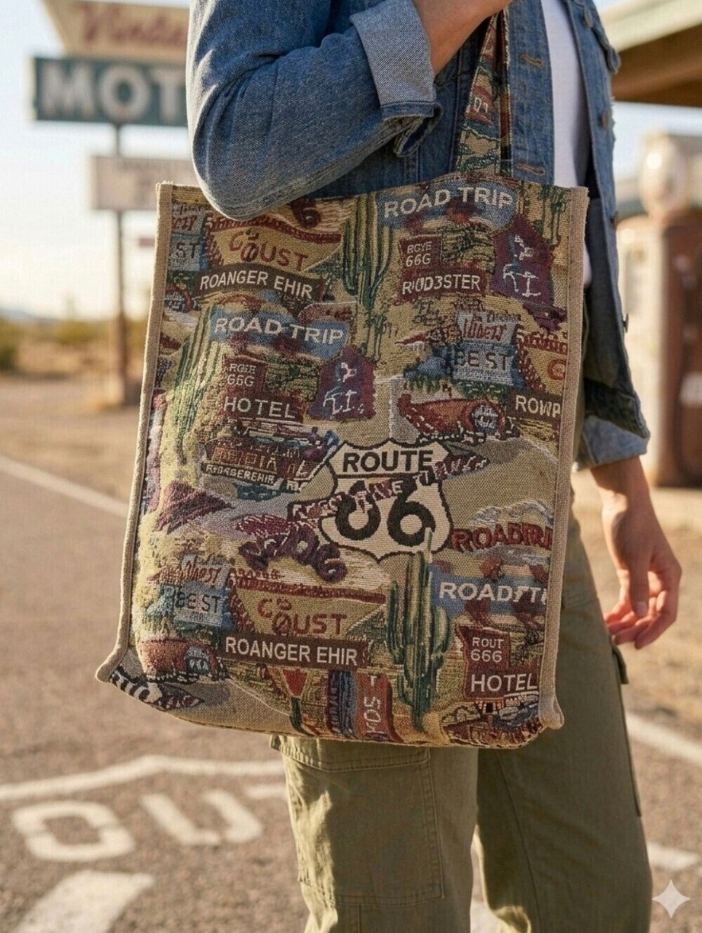 Vtg JADE Route 66 Themed Tapestry Canvas Travel Shoulder Tote Bag & Coin Purse
